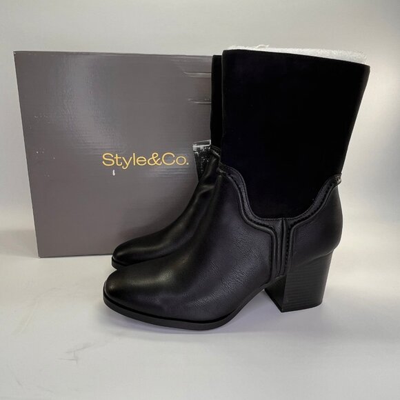 Style & Co Queenyy Mid Shaft Boots Black Size 9.5M Womens Block Heel Zip - Picture 1 of 14